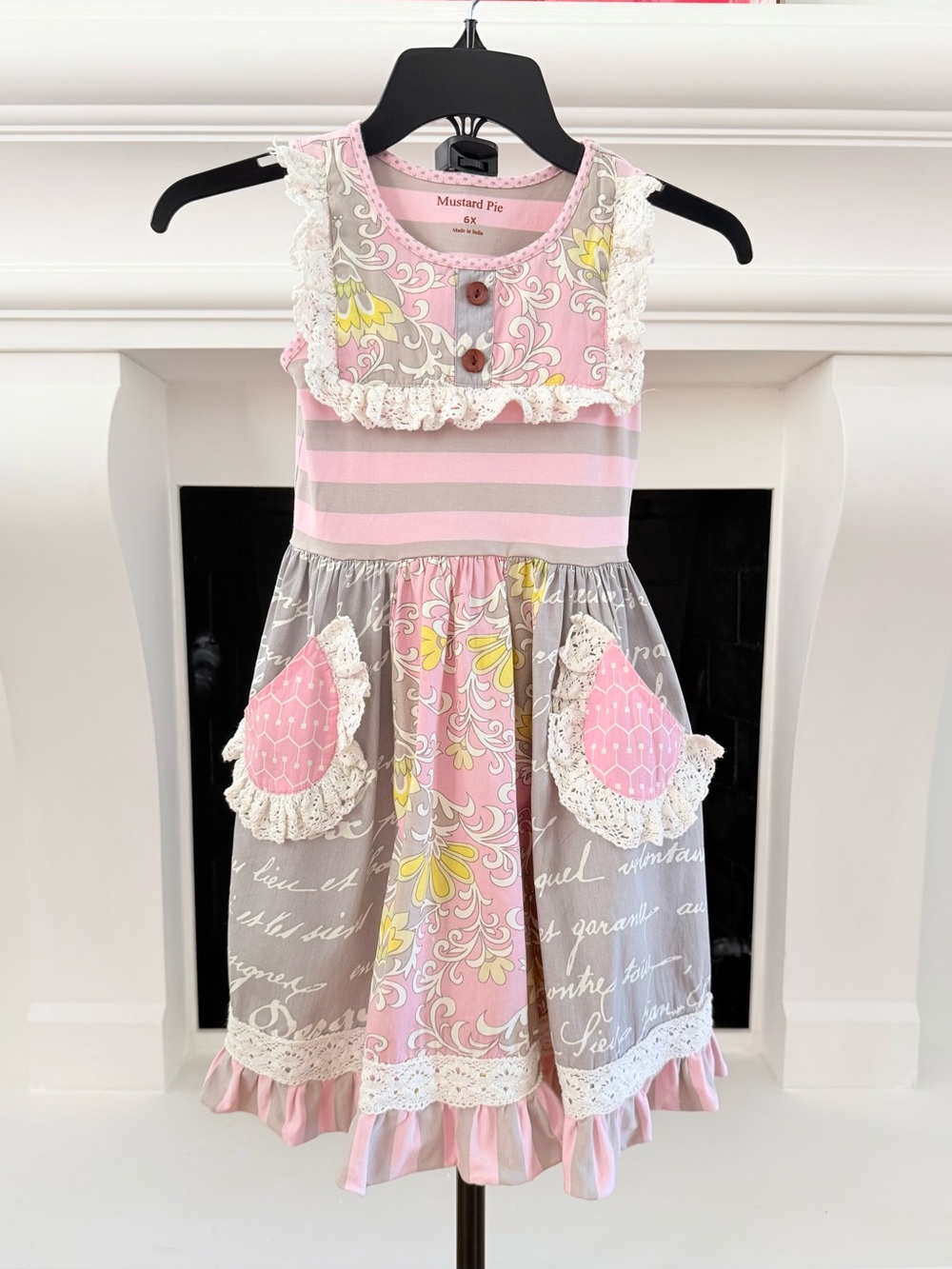 Mustard Pie Pink, Gray & Yellow Layered Girls' Ruffle Pocket Dress- Girls 6X